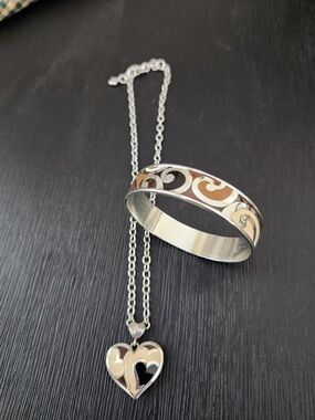 Silver Tone Heart Pendant Necklace and Swirl Bangle Bracelet Set - Silver/Beige